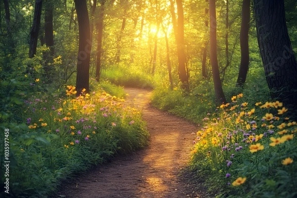 Fototapeta Serene forest path lined with wildflowers