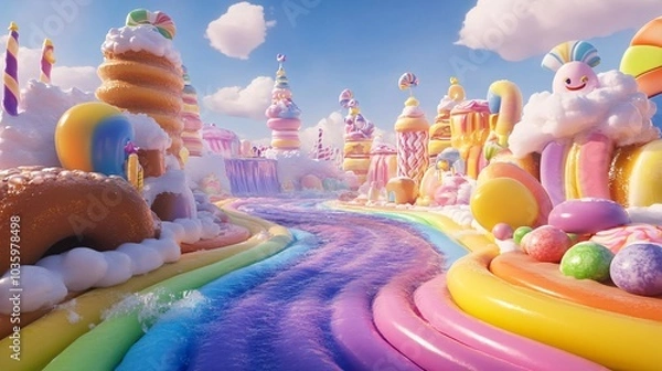 Fototapeta A whimsical landscape of candy and sweets with a river of blue water flowing through it.