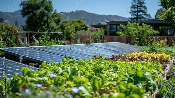 Fototapeta Solar panels in a garden, surrounded by lush greenery, showcasing sustainable energy and a harmonious blend of nature and technology.