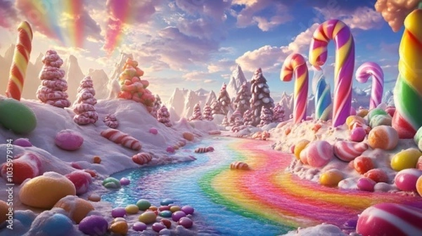 Fototapeta A whimsical, colorful candy land landscape with snow-capped mountains, a river of rainbow, and candy trees and rocks.