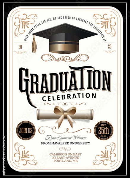 Obraz An elegant vector illustration of a graduation celebration invitation featuring a graduation cap, diploma, and vintage typography. Perfect for invitations, announcements, or graduation-themed designs.
