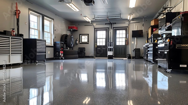 Obraz A clean and organized garage with a shiny epoxy floor.