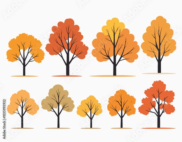 Fototapeta set of autumn trees isolated on a white background