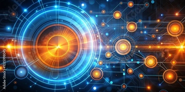 Fototapeta Digital Network Orange and Blue Glowing Circles and Lines on Dark Background, Technology, Circuitry, Futuristic