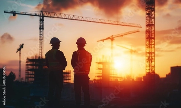 Fototapeta Two construction workers, silhouetted by the setting sun, stand at a construction site with equipment and cranes visible in the background, emphasizing the work environment