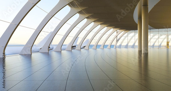 Obraz Renderowania 3D. Nowoczesny terminal pasażerski lotniska. Puste wnętrze holu z ceramicznymi oknami od podłogi do sufitu i malowniczym tłem
