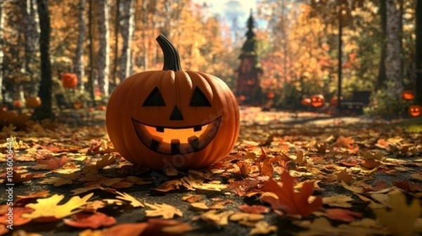 Fototapeta A pumpkin with a smiley face on it is sitting on a path covered in autumn leaves