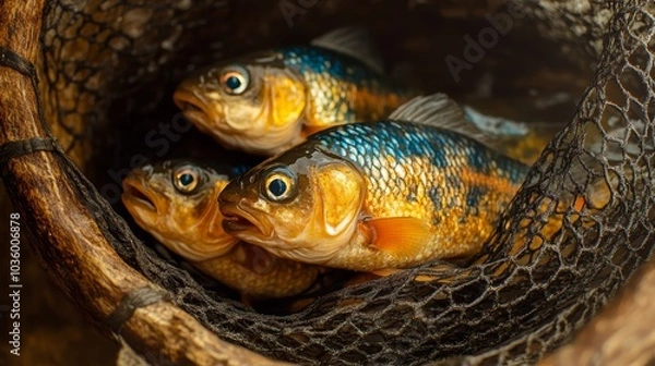 Fototapeta Close-up of colorful fish in a basket, showcasing vibrant blue and orange hues.