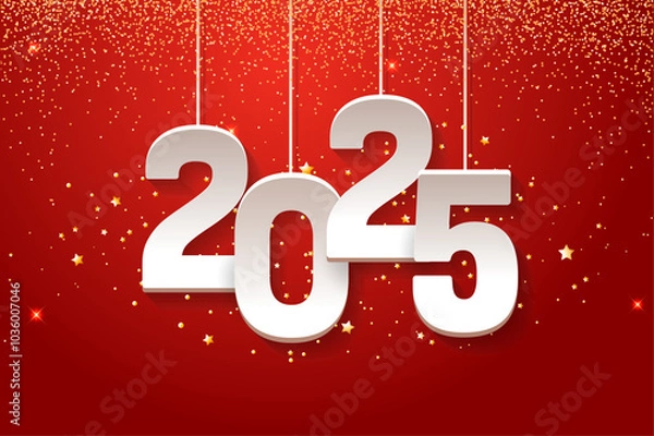Fototapeta Happy new year 2025. Hanging white paper number with gold confetti on a colorful red background. Illustration for the festive New Year 2025