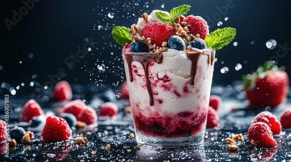 Fototapeta a glass of ice cream. The glass is filled with multiple scoops of strawberry ice cream, topped with raspberries, strawberries, blueberries, and mint leaves. There are splashes of liquid and frozen.