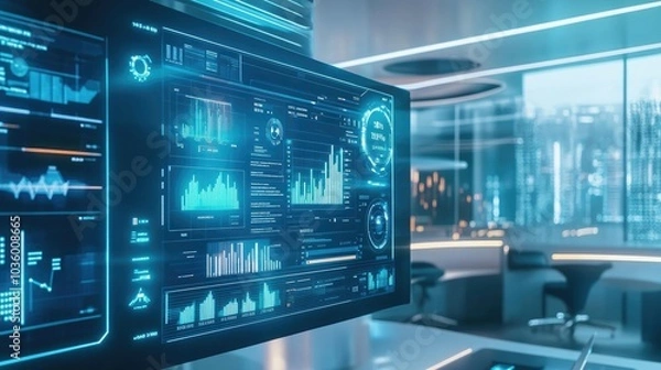 Fototapeta Futuristic Data Dashboard in Modern Office Space