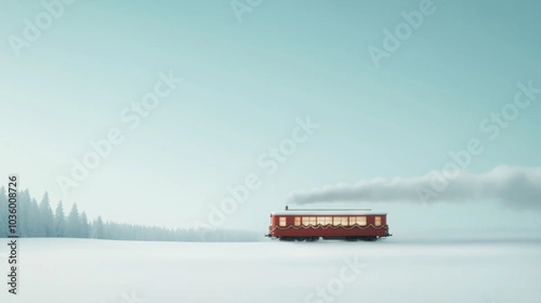 Fototapeta Vintage train journey through snowy landscape on a clear day