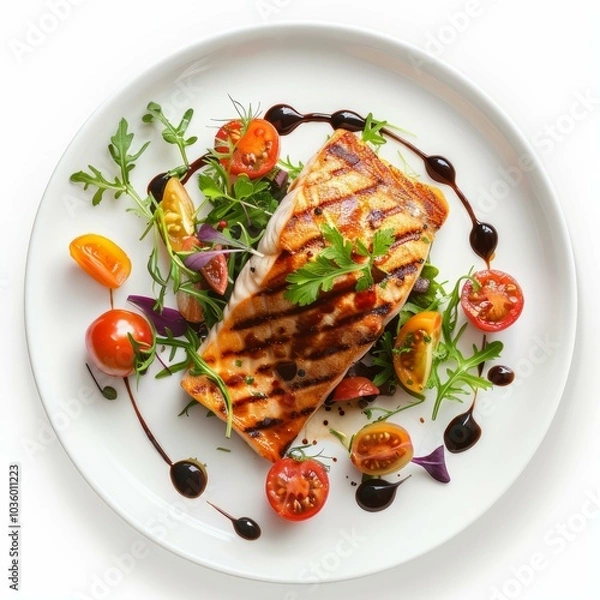 Fototapeta Grilled salmon fillet served on white plate with arugula salad, cherry tomatoes and balsamic vinegar