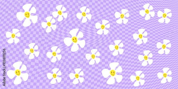 Fototapeta Cute purple horizontal checkered background with daisy all over the backdrop. Stock vector illustration in cartoon style.