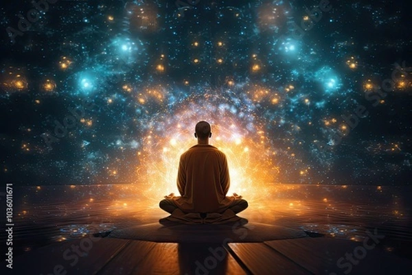 Fototapeta A person sits cross legged in meditation surrounded by vibrant cosmic visuals conveying a sense of peace and deep connection with the universe