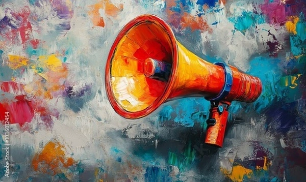 Obraz Megaphone, vibrant art and freedom of expression. Colorful, dynamic and energetic communication through art for liberty, creativity and social change. Inspiring visual message for a diverse audience