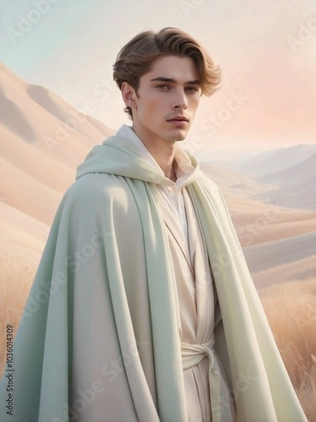 Fototapeta Young man in pale green cloak standing in desert landscape