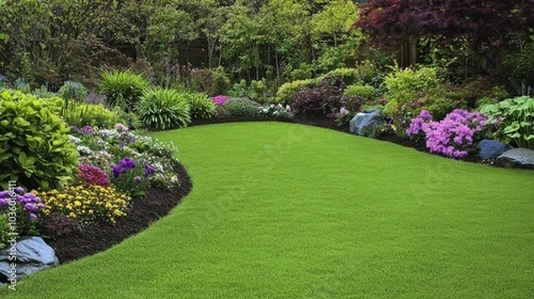 Fototapeta Relax in the tranquility of a resort garden filled with colorful flowers and manicured lawns