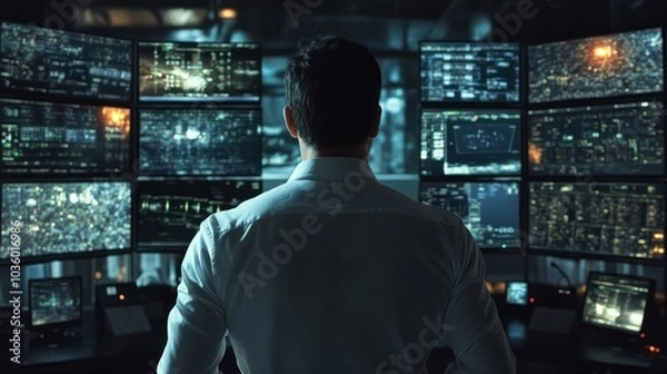 Fototapeta Focused male operator in white shirt monitoring multiple screens in a dark control room filled with high-tech equipment and security cameras