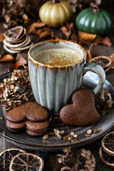 Fototapeta Composition with coffee cup and  cookies on wooden table, autumn theme