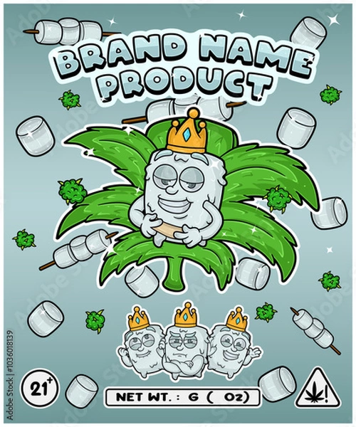 Fototapeta Cartoon marshmallow flavor with cannabis leaf, designed for logo, label or packaging