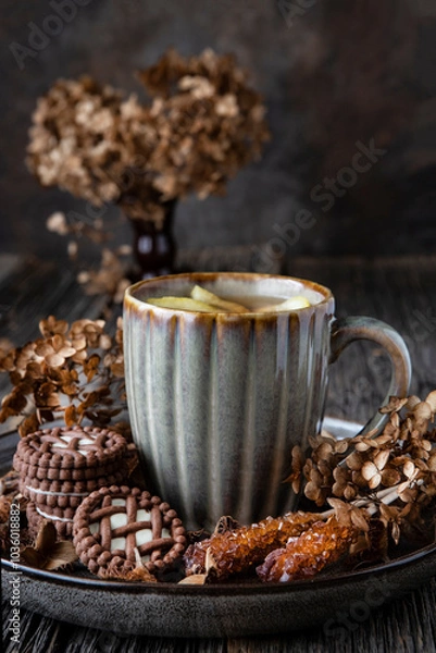 Fototapeta Composition with tea cup, cookies and sugar,  selective focus
