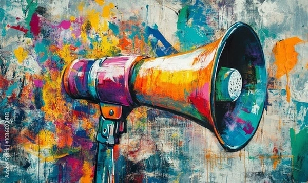 Obraz Megaphone, vibrant art and freedom of expression. Colorful, dynamic and energetic communication through art for liberty, creativity and social change. Inspiring visual message for a diverse audience