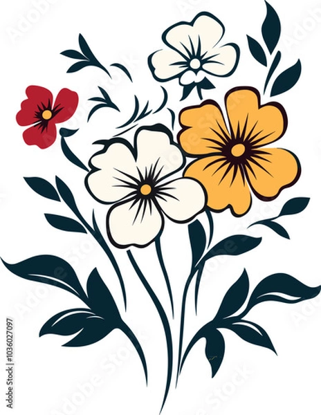 Fototapeta Hand-Drawn Floral Bouquet Vector Art - Colorful Wildflower Illustration Featuring Red, Yellow, and White Blossoms with Green Leaves, Ideal for Botanical Prints and craft Projects.