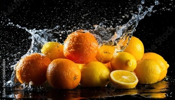Fototapeta Splashing water on a handful of orange slices and lemon slices and green leaf blue background