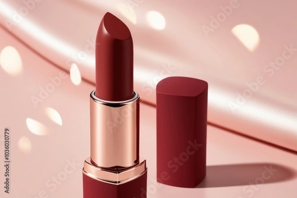 Fototapeta Matte lipstick mockup in bold color with the cap partially off, standing tall on a sleek surface with a blurred, elegant background