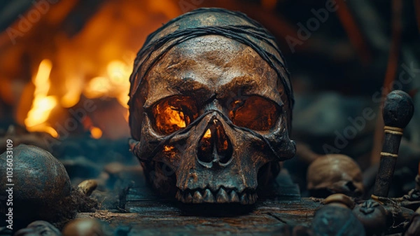Fototapeta Ancient skull with fire in the background, eerie atmosphere