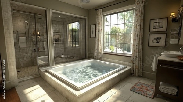 Fototapeta A tranquil bathroom oasis featuring a modern jacuzzi and lush greenery visible through the window during a sunny afternoon