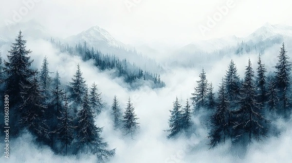 Fototapeta   A hazy woodland with coniferous trees in the near field and a distant mountain range
