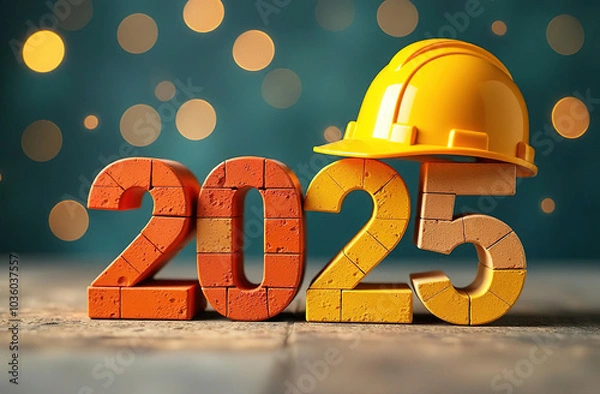 Fototapeta The numbers 2025 are made of bricks on a festive background. New year greeting card with yellow construction helmet  for builders.