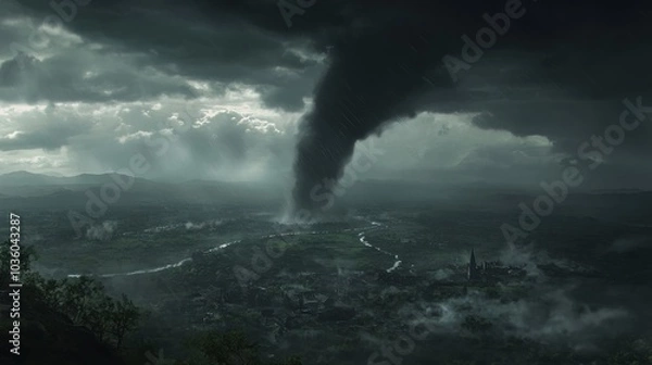 Fototapeta A tornado forming in the distance, with dark storm clouds swirling and the land below cast in shadow