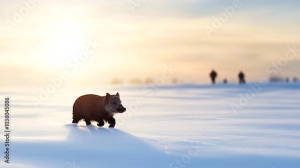 Fototapeta Small wild boar walking gracefully in the snow with a blurred background of trees and a clear blue sky overhead