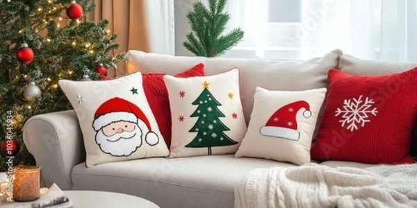 Fototapeta illustration Holiday-themed throw pillows shaped like Christmas trees, snowflakes, and Santa hats on a cozy couch 