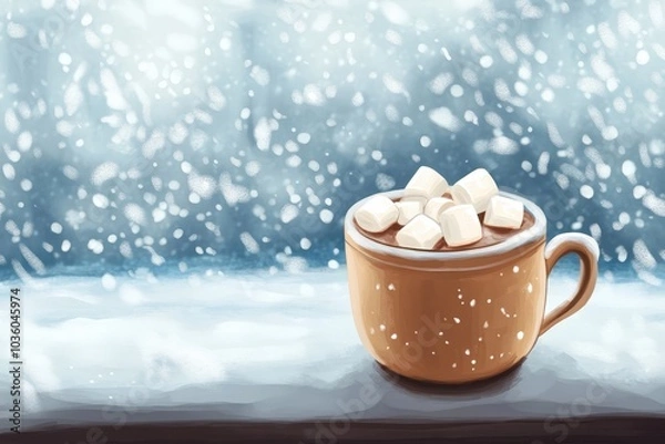 Fototapeta illustration Hot cocoa with marshmallows, snow falling outside the window 