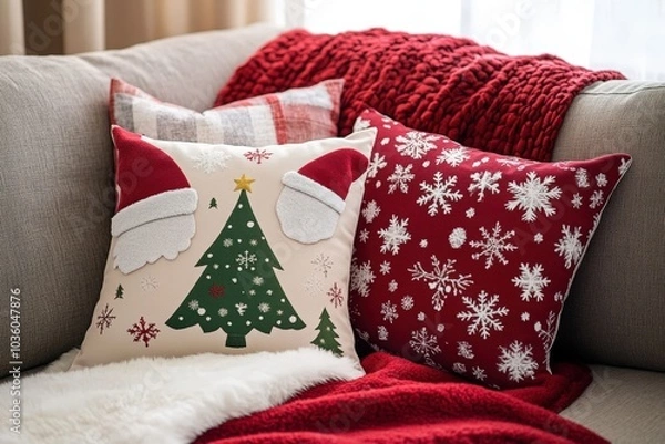 Obraz photo Holiday-themed throw pillows shaped like Christmas trees, snowflakes, and Santa hats on a cozy couch --ar 3:2 --style raw --v 6.1 Job ID: ee8dad4e-cad7-4693-91ef-08be563a5759