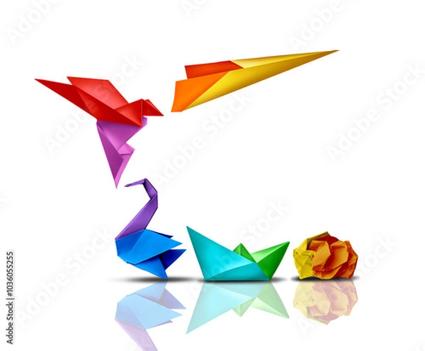 Fototapeta Transformation And Success  or transform And Succeed changing and growing for success as a business leadership and change metaphor as creativity as paper transforming into a jet airplane.