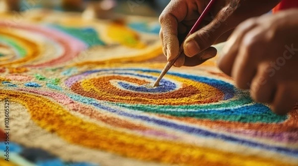 Fototapeta A beautiful sand mandala being created by a monk, with colorful grains of sand arranged meticulously