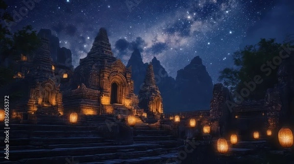 Fototapeta An ancient temple adorned with lanterns, with a clear night sky filled with stars above
