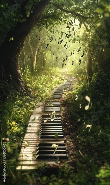 Obraz Piano keys path through enchanted forest.