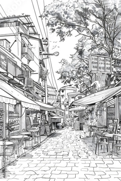 Fototapeta Monochrome drawing of a city street with tables, chairs, buildings, trees, and electricity poles. The road surface is intricately detailed, capturing the essence of a city event in art