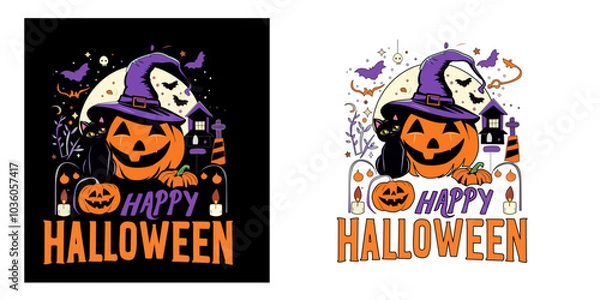 Fototapeta Halloween Pumpkin with Shining Cat and Purple Wizard Hat