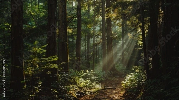 Fototapeta A dense forest path, sunlight filtering through the trees and foliage, Natural style