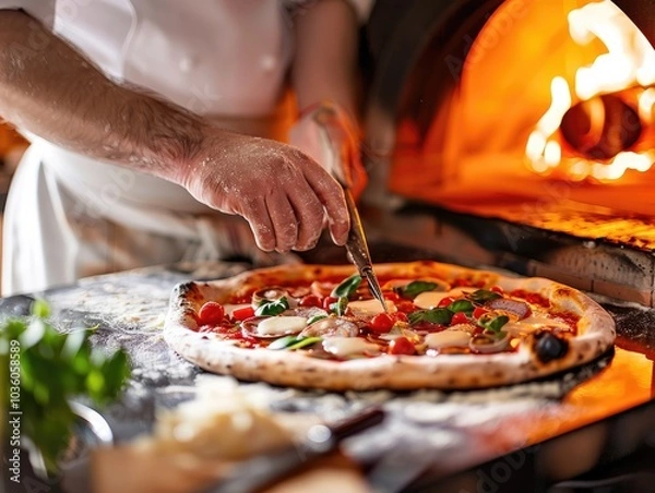 Fototapeta Close-Up of Chef Preparing Traditional Italian Pizza in a Wood-Fired Oven