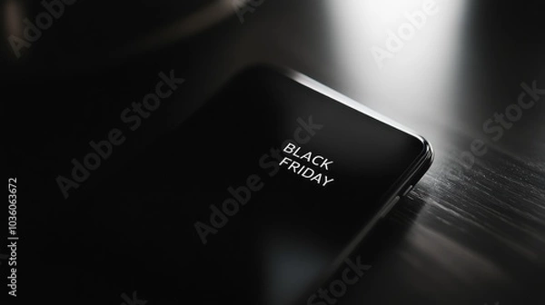 Obraz A contemporary smartphone on the table, showcasing dark screen with text "Black Friday" under soft ambient lighting close up. Seasonal promotion sale message