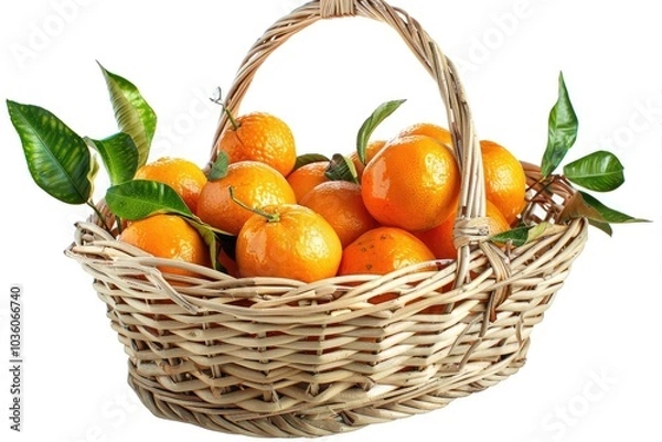 Fototapeta Tangerines in basket with leaves on white background.