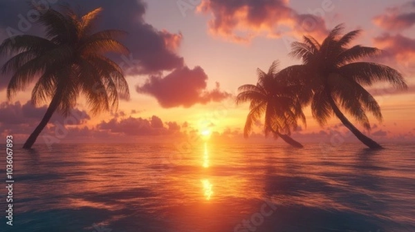 Fototapeta A beautiful sunset over the ocean with palm trees in the background